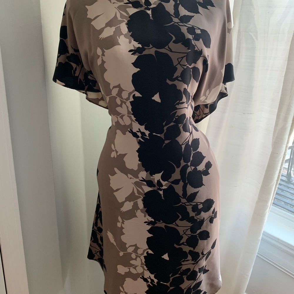 Anthropologie Brown and Tan Sheath Dress with Dolman Sleeves back tie